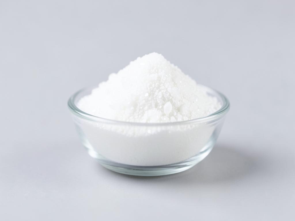 Glucosamine hydrochloride shown as bright white crystalline powder heaped in a small glass dish in a neutral studio photograph