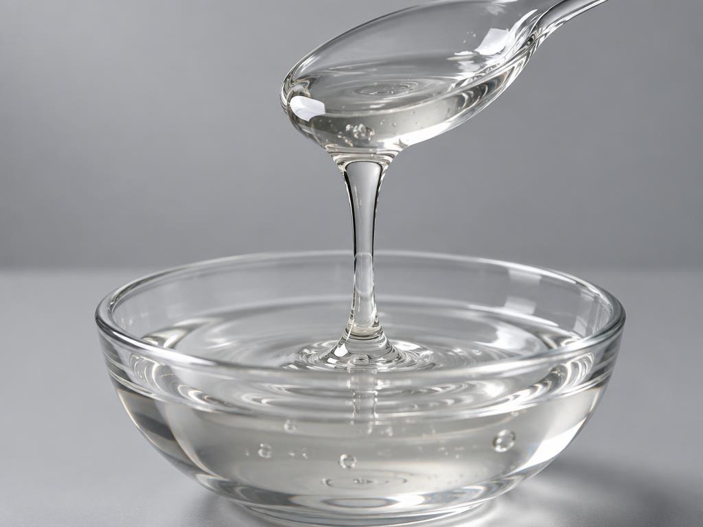 Glyceryl Glucoside & Glycerin Blend — studio photograph of a clear glossy syrupy humectant liquid dripping from a glass spoon into a bowl