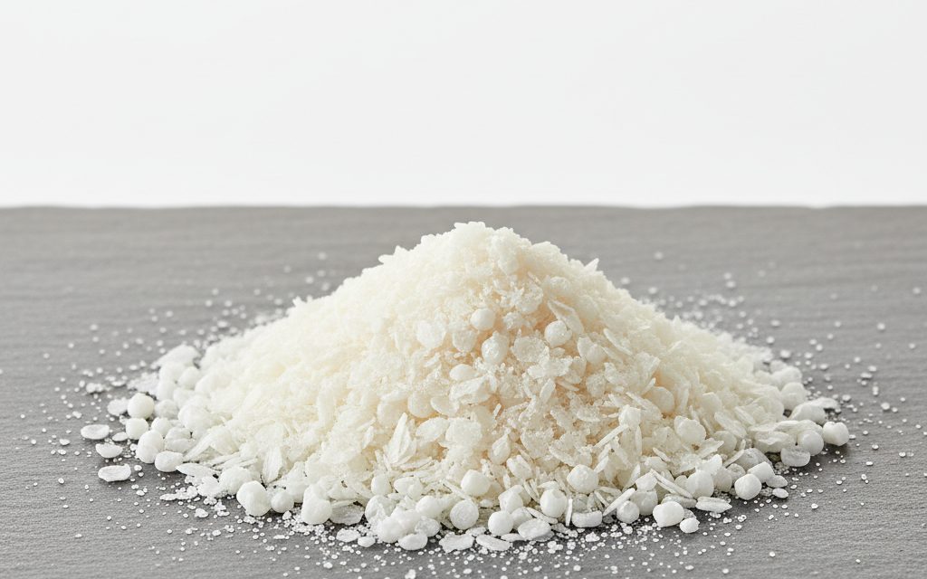 Glyceryl Monostearate (GMS) — small waxy white to off-white beads, flakes, or fine crystalline powder with a dry, soapy feel and neutral scent, studio product photograph