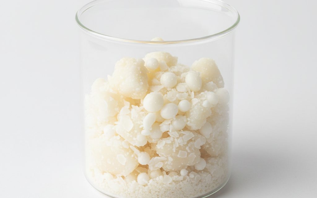 Grade confirmed at quotation — white or cream-colored waxy flakes, beads, or powder with a mild fatty odor, feeling greasy to the touch, studio product photograph