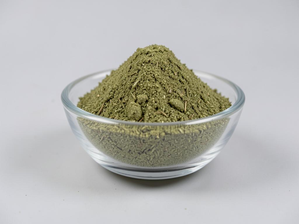 Goat's Rue Herb Powder shown as a dried milled botanical powder in a shallow dish in a neutral studio photograph