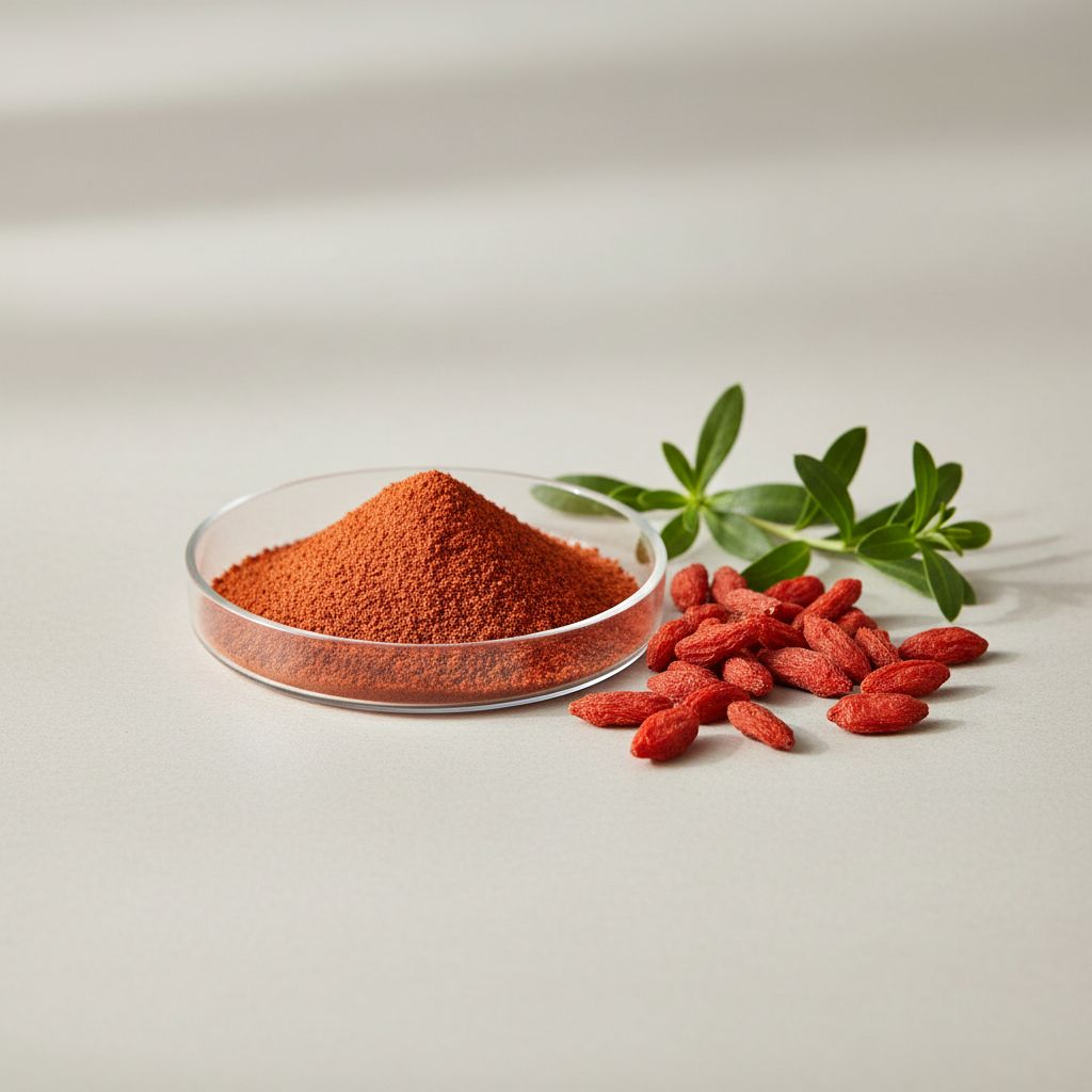 Illustrative studio sample of Wolfberry (Goji) Extract beside Lycium barbarum source material