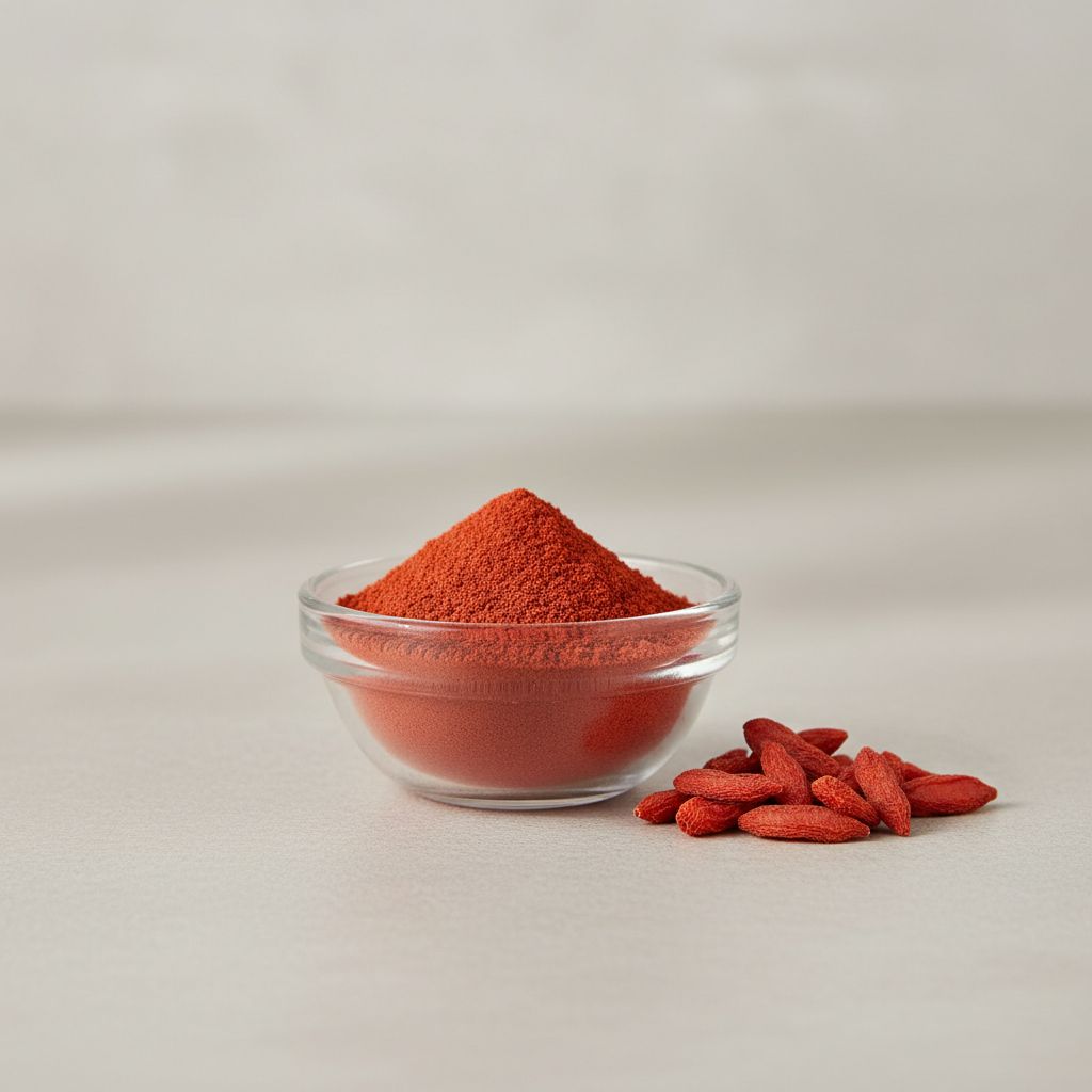 Illustrative studio sample of Goji Berry Juice Powder beside Lycium barbarum source material