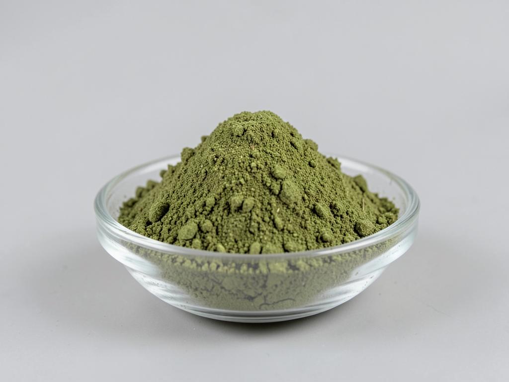 Gotu Kola Leaf Powder shown as a dried milled botanical powder in a shallow dish in a neutral studio photograph