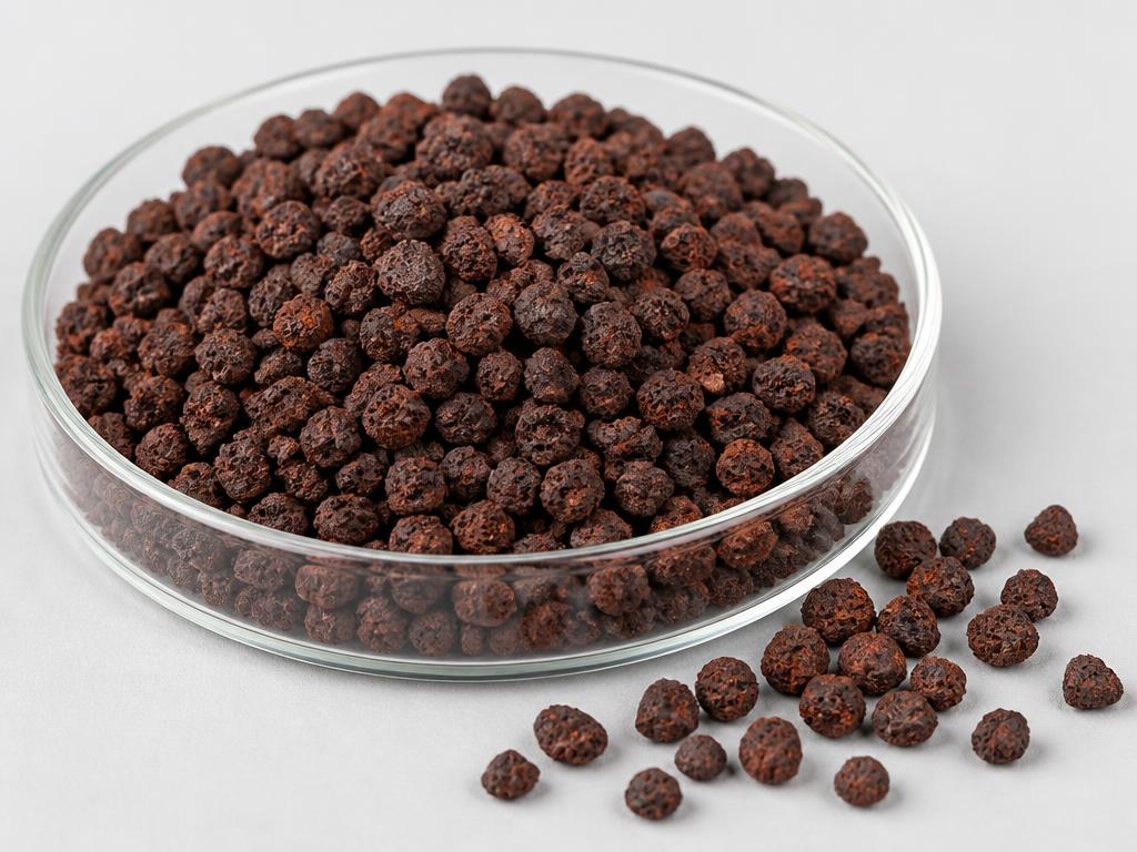 Granular ferric hydroxide (GFH) adsorbent media — dark rust-brown irregular porous iron-based granules in a shallow laboratory dish, studio product photograph; grade and particle size confirmed at quotation