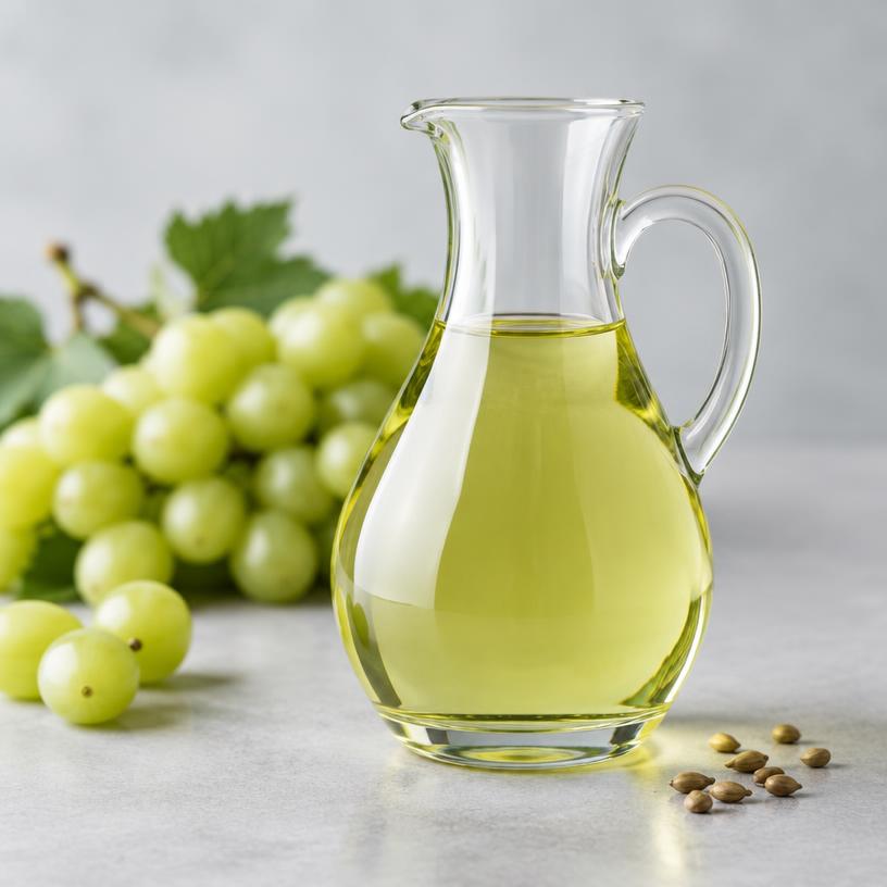 Grape Seed Oil — Food Grade — studio photograph of pale green to yellow oil, presented as a B2B sourcing category illustration