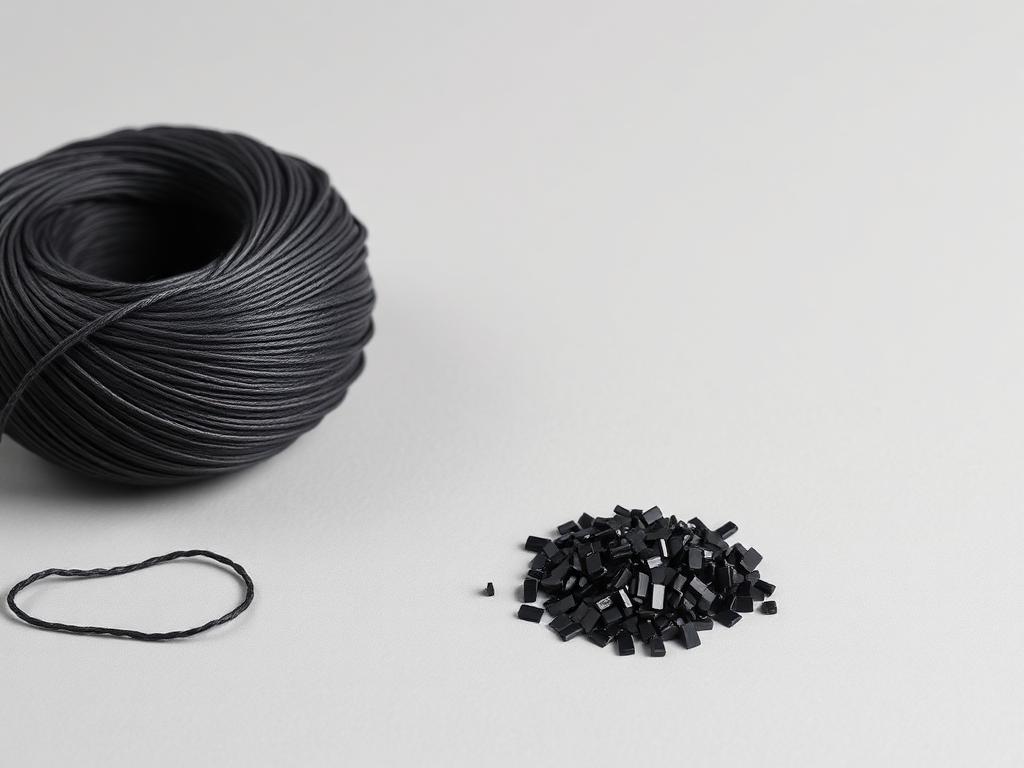 Small heap of fine-cut dark grey graphene masterbatch pellets beside a dark technical yarn coil on a neutral studio background