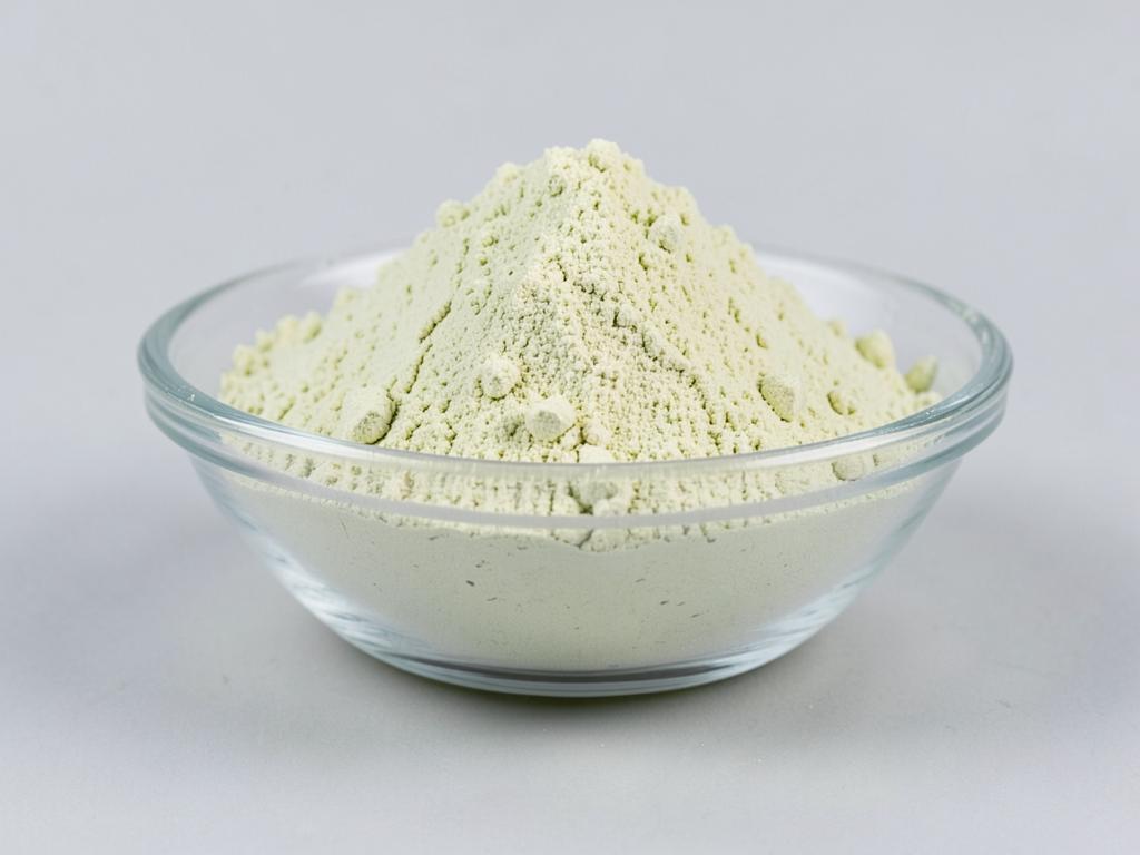 Green Banana Flour shown as a fine free-flowing food powder in a shallow dish in a neutral studio photograph