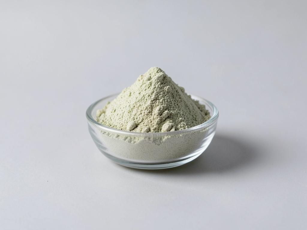 Greenshell mussel powder shown as a light greenish-beige fine powder heaped in a small glass dish in a neutral studio photograph