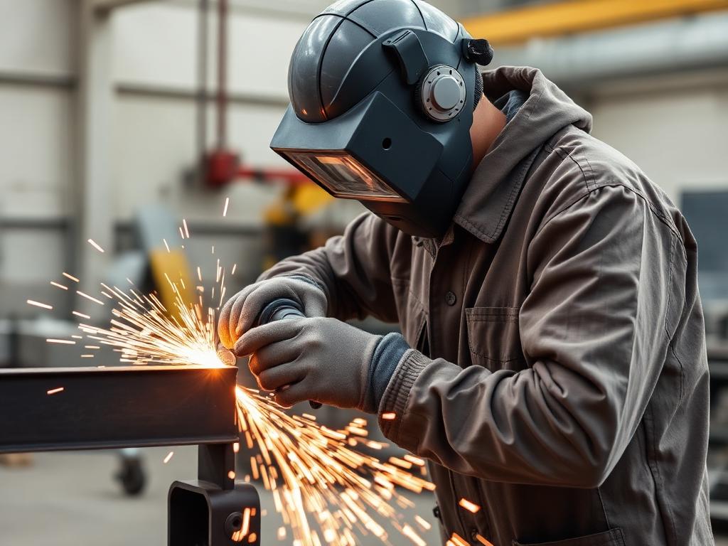 Fabricator grinding a steel beam with a guarded angle grinder fitted with a depressed-centre grinding wheel