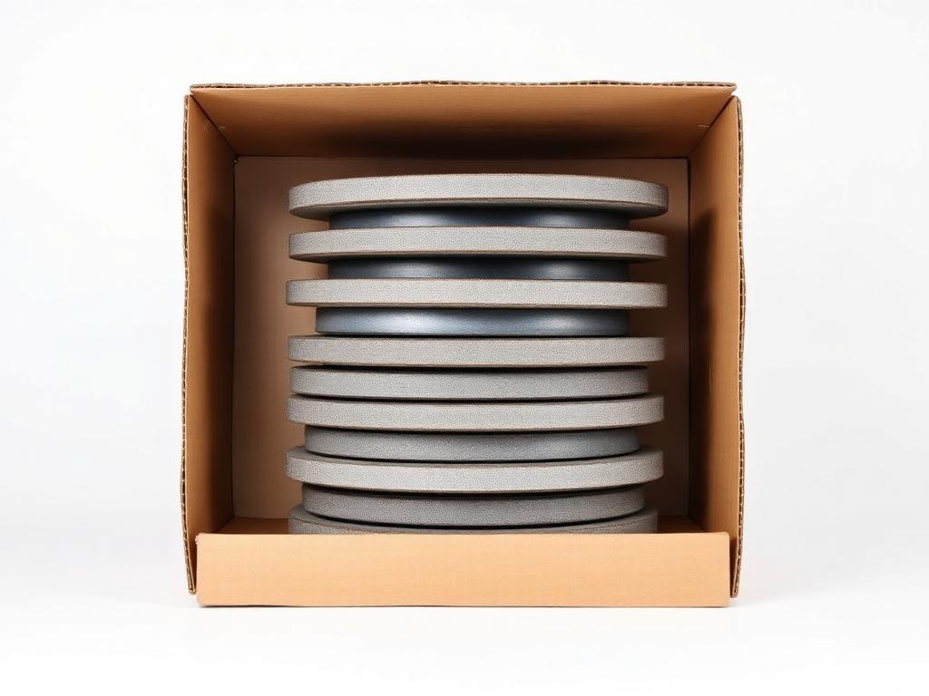Open carton holding a stacked column of unbranded depressed-centre grinding wheels