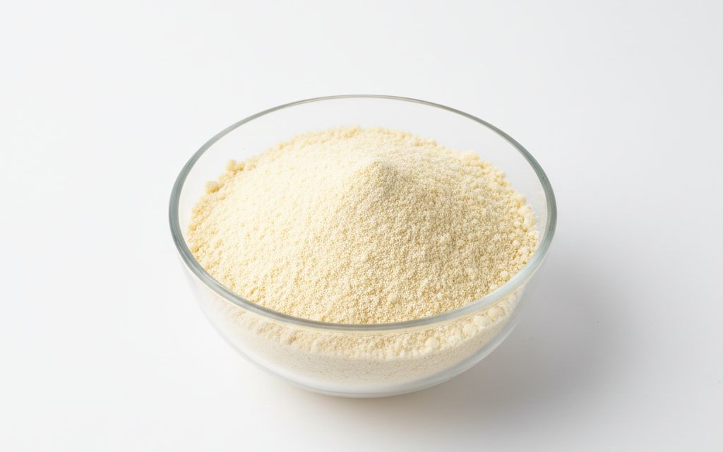 Grade confirmed at quotation — fine yellow to off-white powder with a characteristic bean-like odor, feeling smooth and slightly slippery when rubbed between fingers, studio product photograph