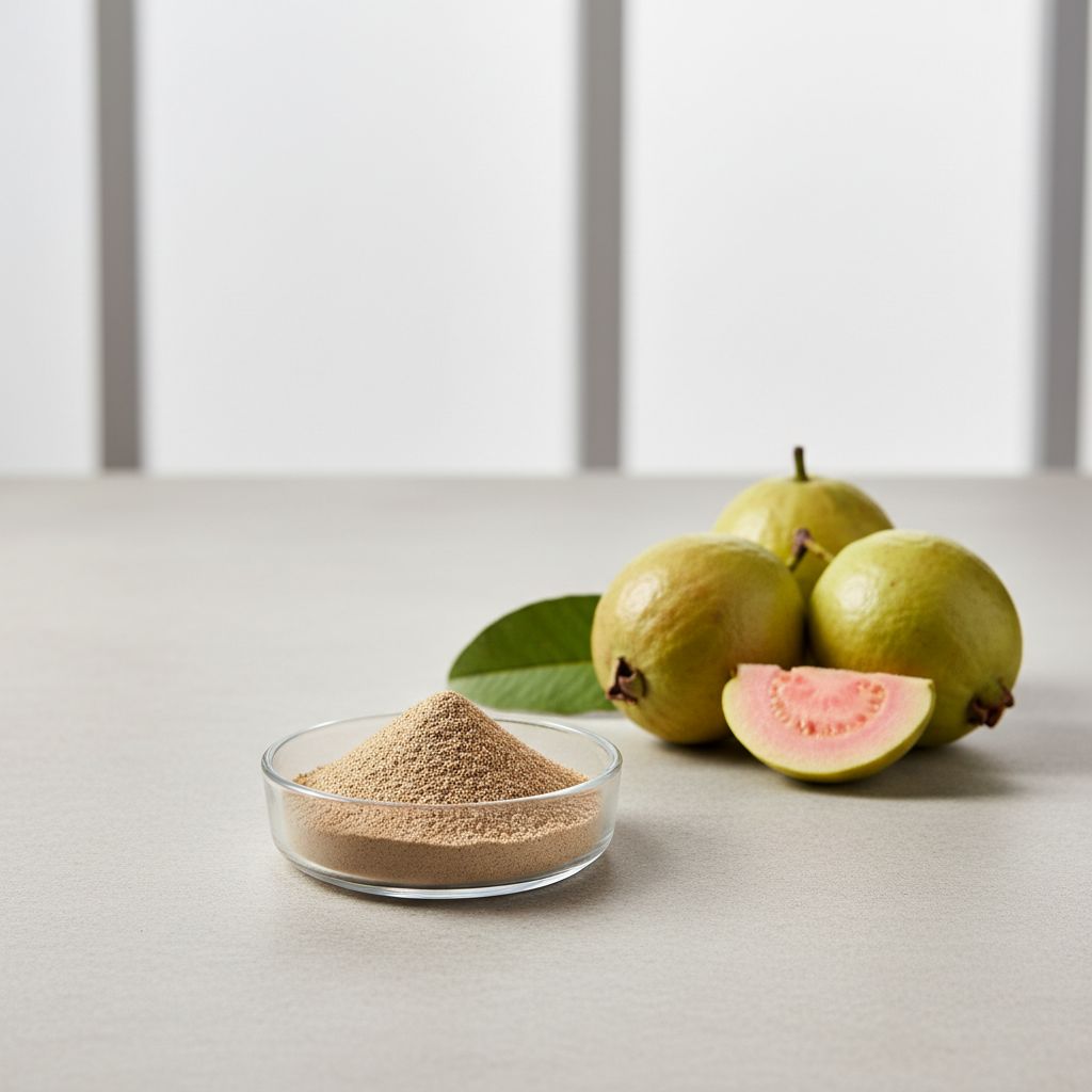 Illustrative studio sample of Guava Extract beside Psidium guajava source material