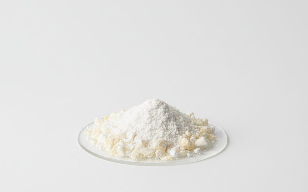 Gum Arabic / Acacia Gum — a white to yellowish-white fine powder or kibbled granules, exhibiting a dry, matte appearance in a laboratory watch glass, studio product photograph