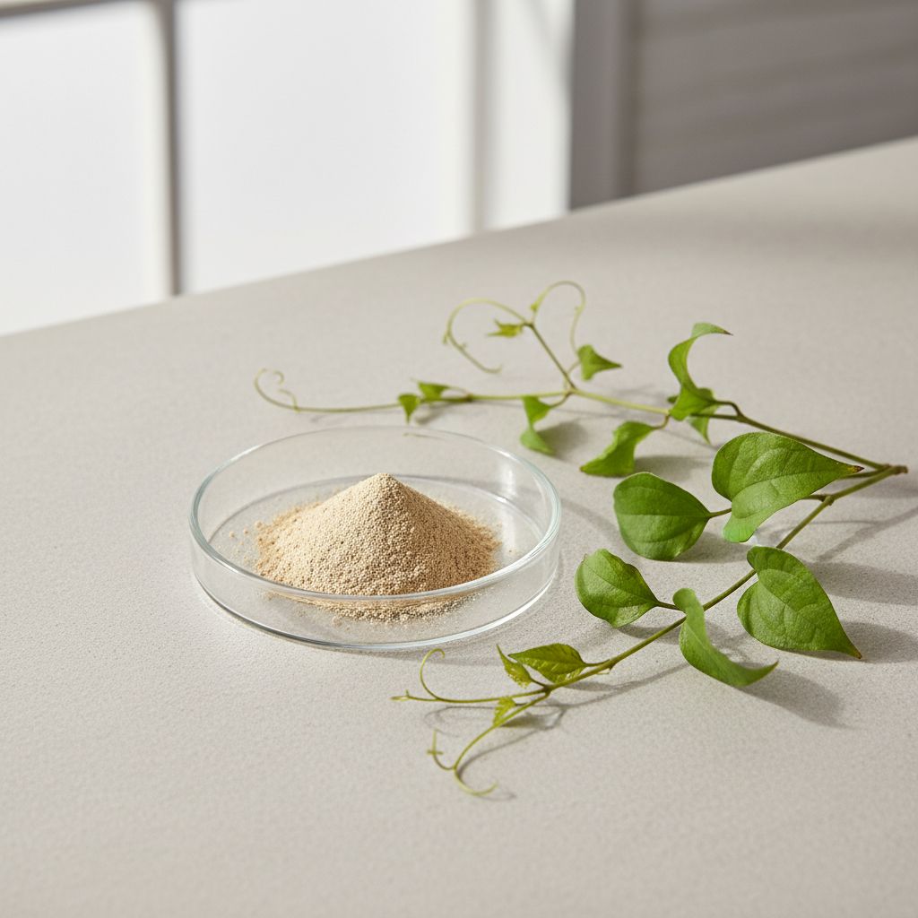 Illustrative studio sample of Gynostemma (Fiveleaf) Extract beside Gynostemma pentaphyllum source material
