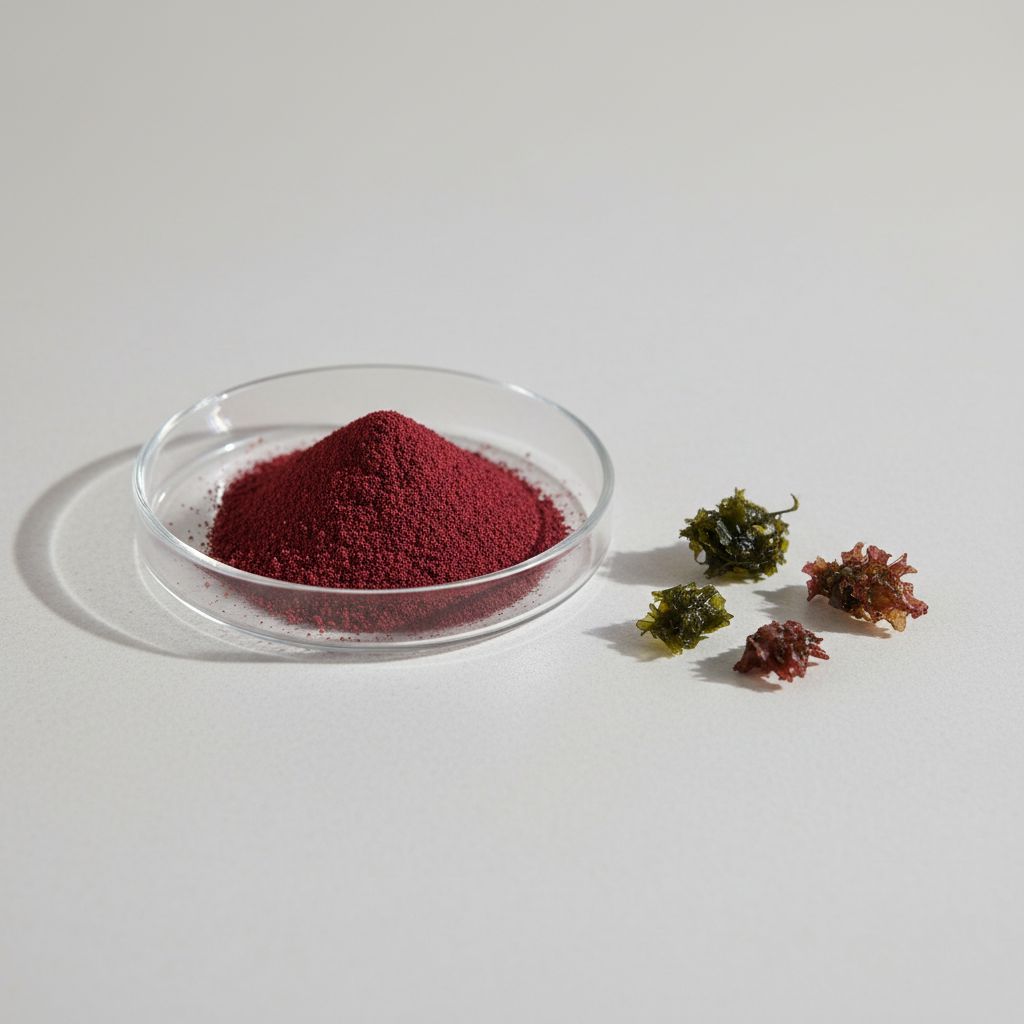 Illustrative studio sample of Haematococcus Pluvialis Extract beside Haematococcus pluvialis source material