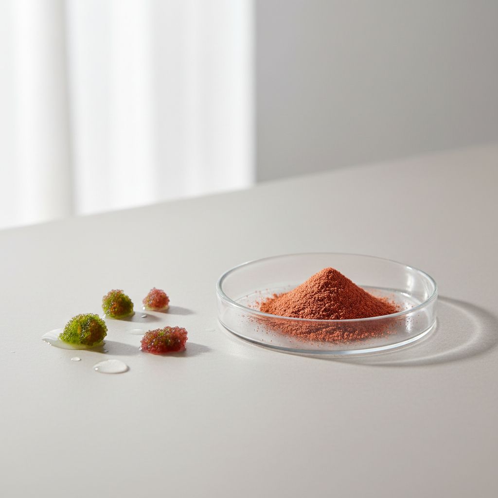 Illustrative studio sample of Haematococcus Pluvialis Powder beside Haematococcus pluvialis source material