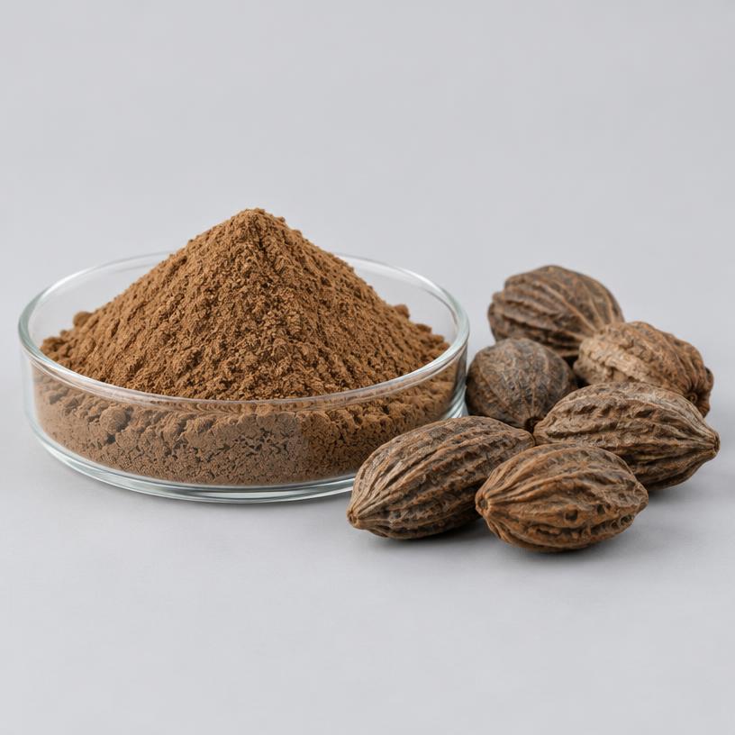 Haritaki Extract — Supplement Grade — studio photograph of fine extract powder, presented as a B2B sourcing category illustration