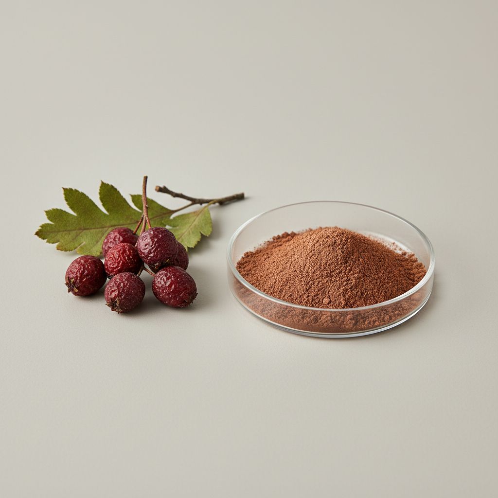 Illustrative studio sample of Hawthorn Fruit Extract beside Crataegus spp. source material