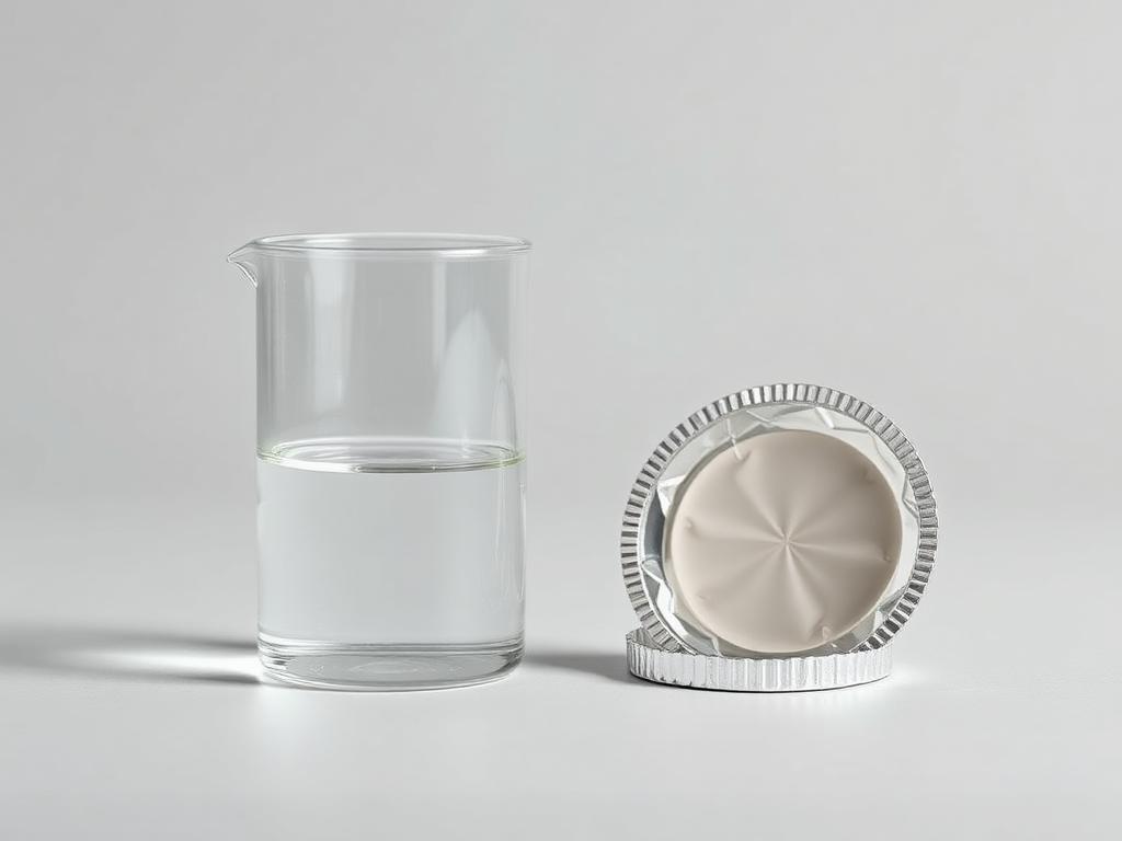 Beaker of clear heat-seal lacquer beside a coated foil lid sample on a neutral studio background