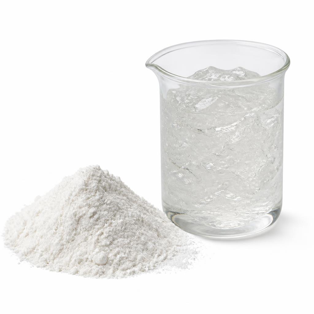 Hydroxyethyl Methyl Cellulose (HEMC) — fine white non-ionic cellulose ether powder beside a beaker of the clear viscous gel it forms in water, studio product photograph