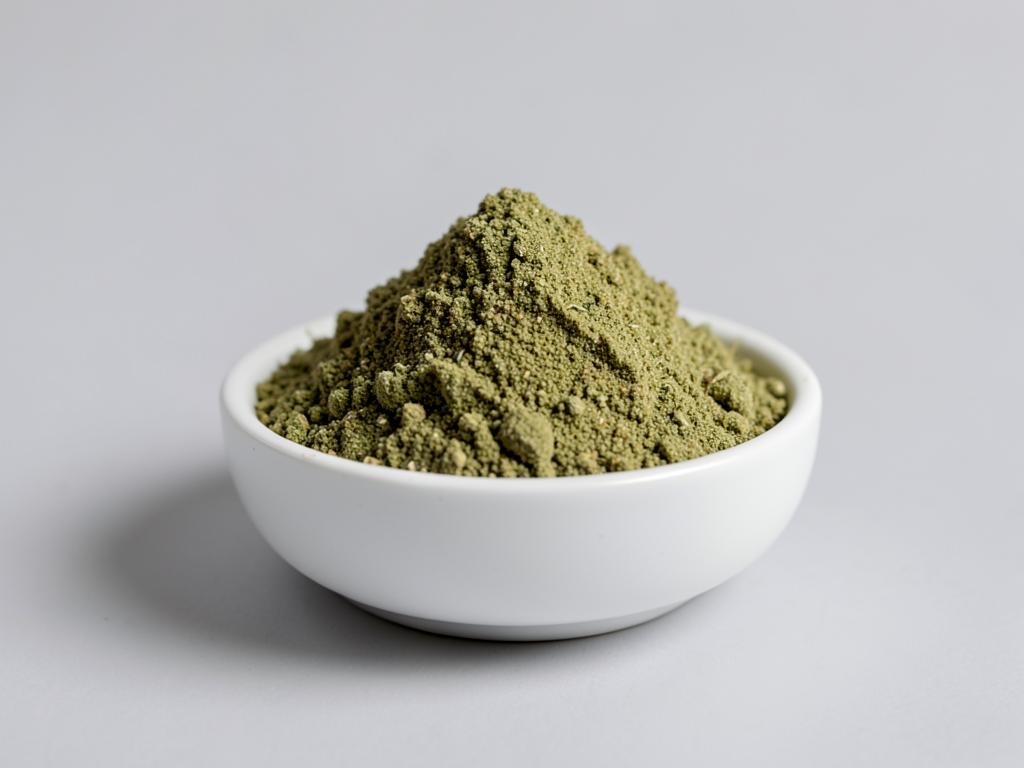 Hemp protein powder shown as a green-brown powder heap in a neutral studio photograph