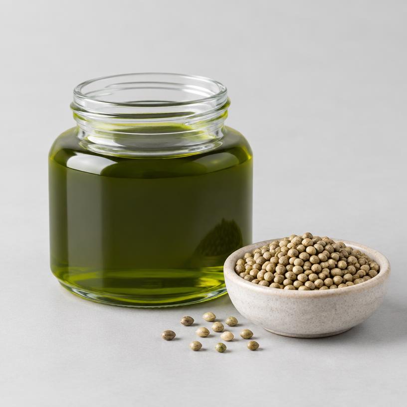 Hemp Seed Oil — Food Grade — studio photograph of green to dark green oil, presented as a B2B sourcing category illustration