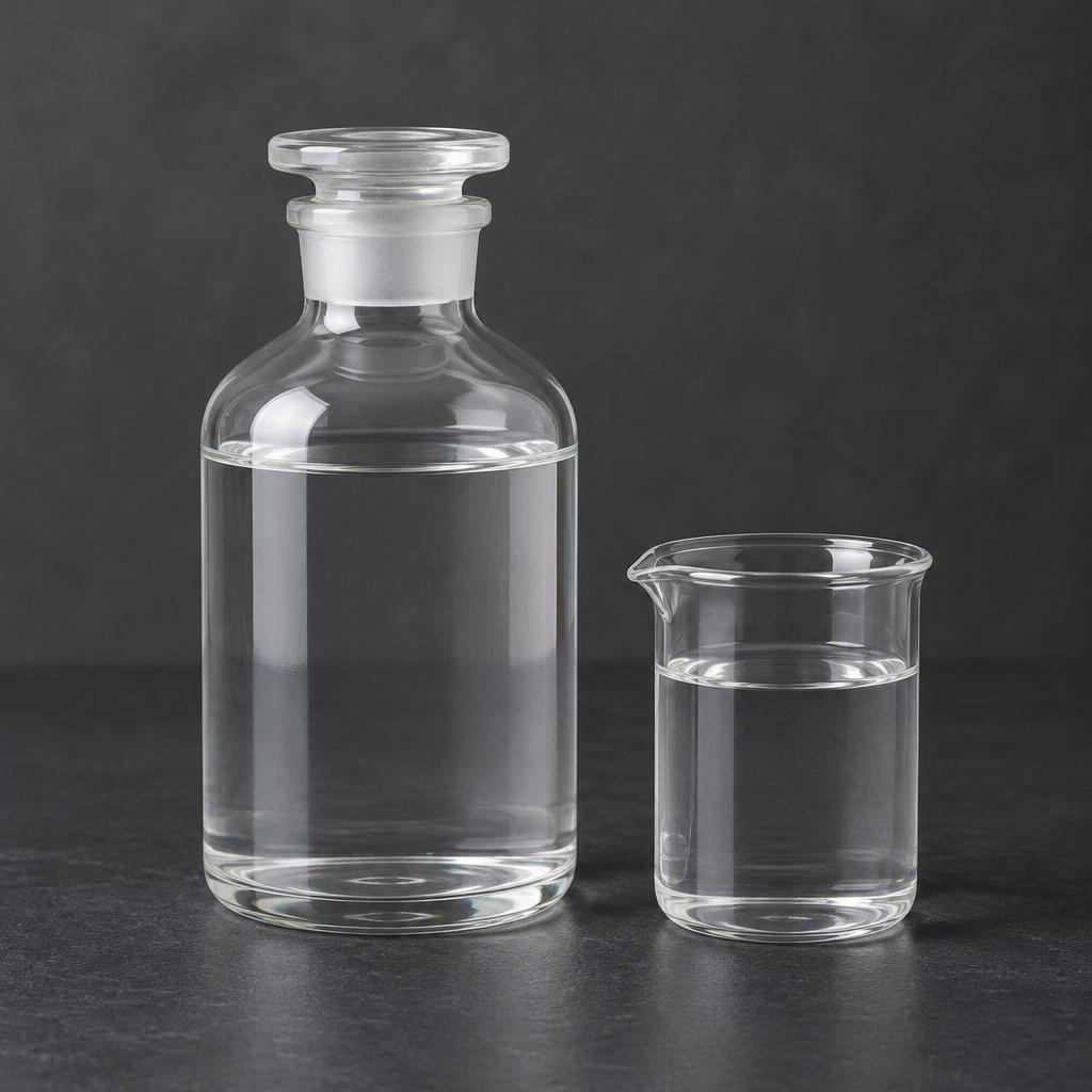 Illustrative studio sample of Hexylene Glycol as clear colourless liquid in an unbranded laboratory bottle