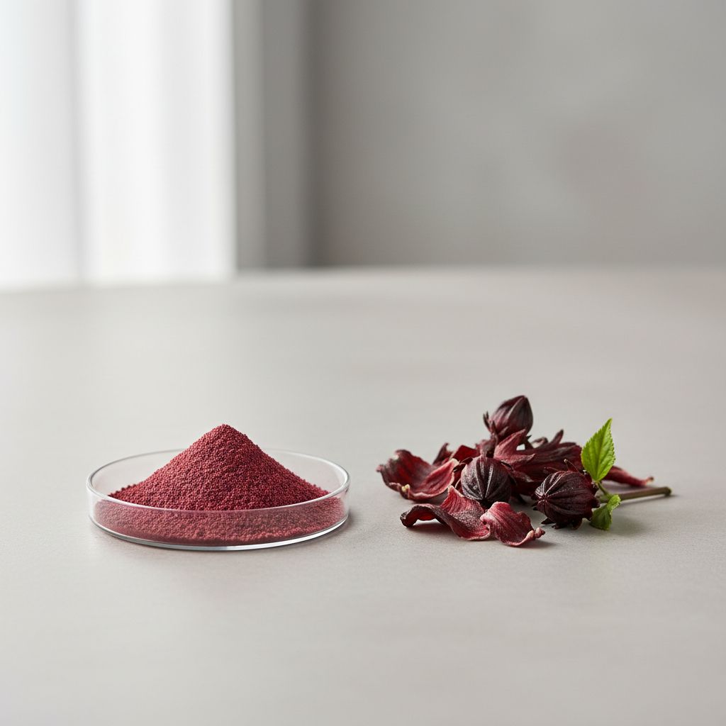 Illustrative studio sample of Hibiscus Flower Extract beside Hibiscus sabdariffa source material