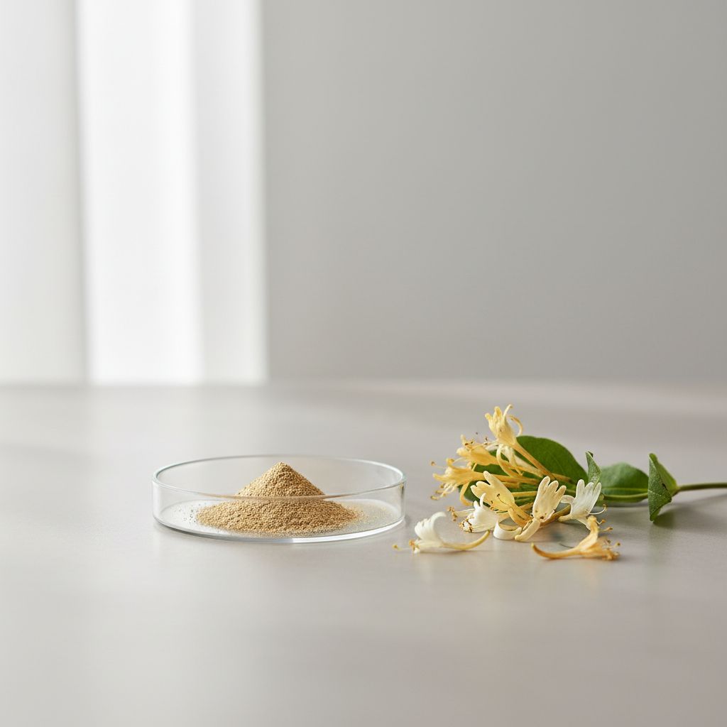 Illustrative studio sample of Honeysuckle Flower Extract beside Lonicera japonica source material