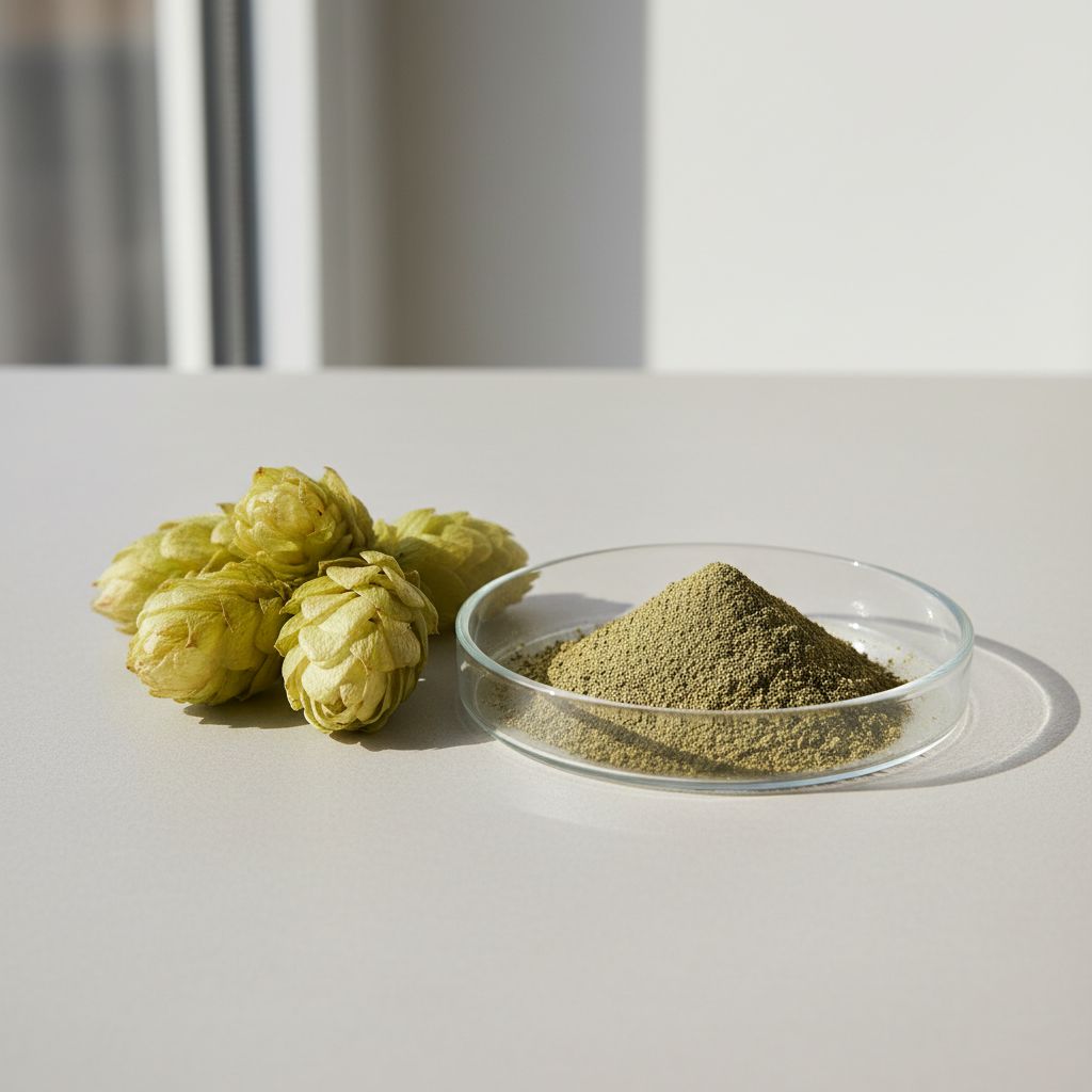 Illustrative studio sample of Hops Flower Extract beside Humulus lupulus source material