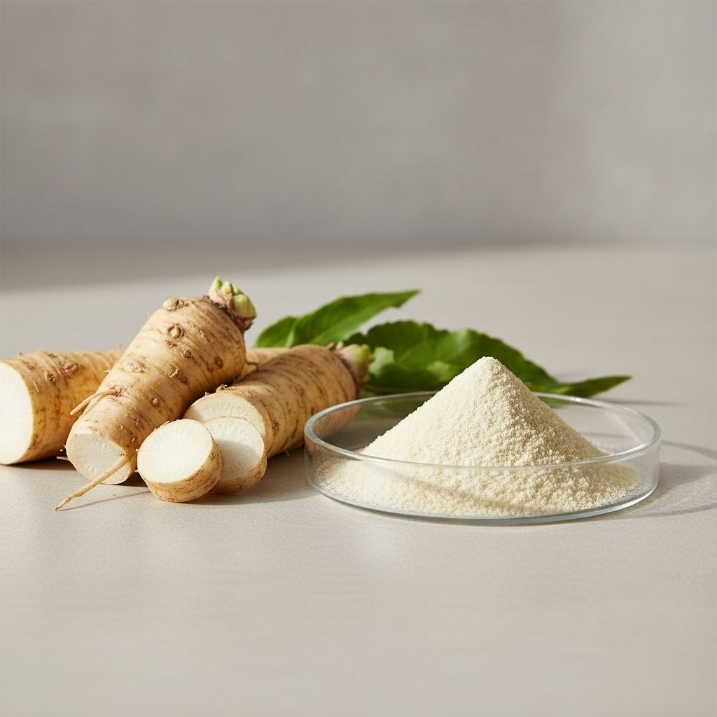 Illustrative studio sample of Horseradish Extract beside Armoracia rusticana source material