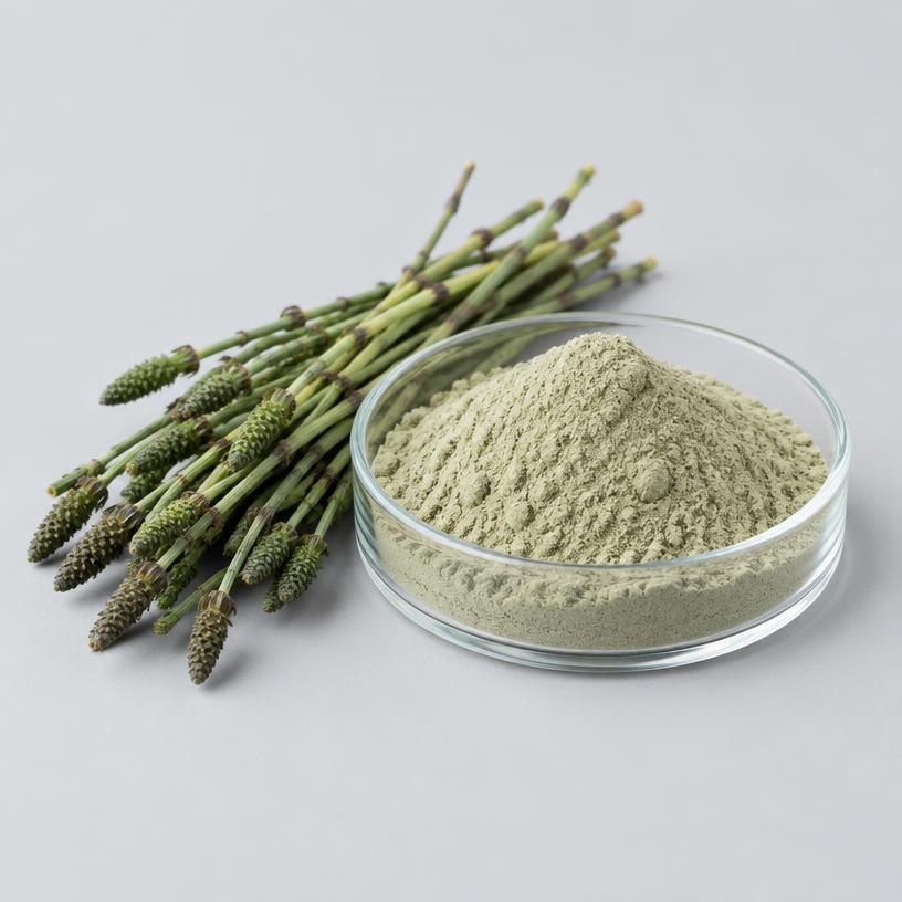 Horsetail Extract — Supplement Grade — studio photograph of fine extract powder, presented as a B2B sourcing category illustration