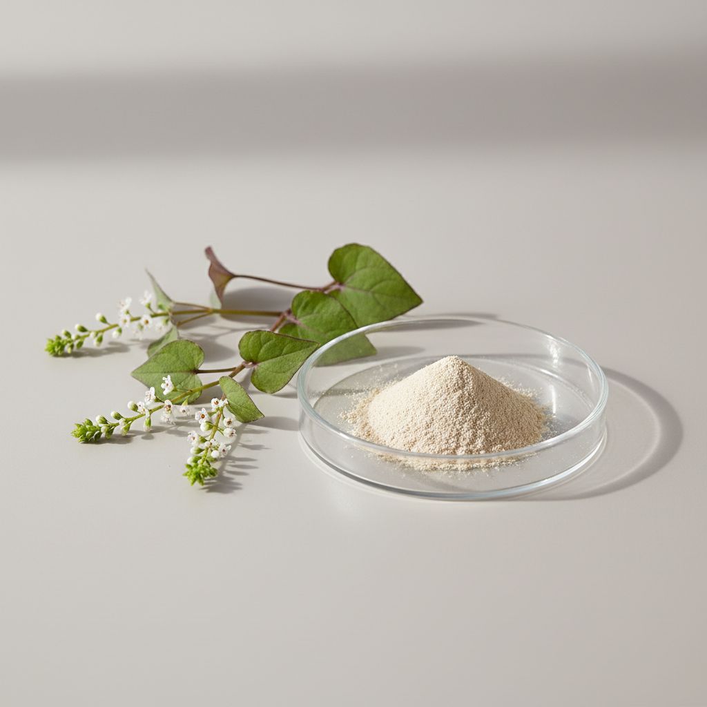 Illustrative studio sample of Houttuynia Extract beside Houttuynia cordata source material