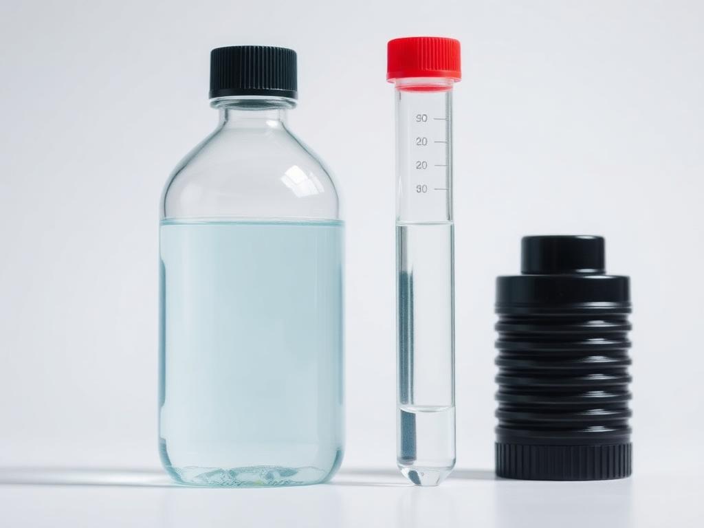 Clear water treatment inhibitor liquid in a laboratory bottle beside a sample tube on a bright neutral studio background