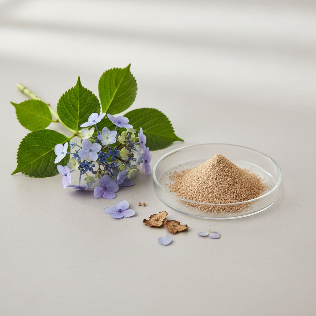 Illustrative studio sample of Hydrangea Aspera Extract beside Hydrangea aspera source material