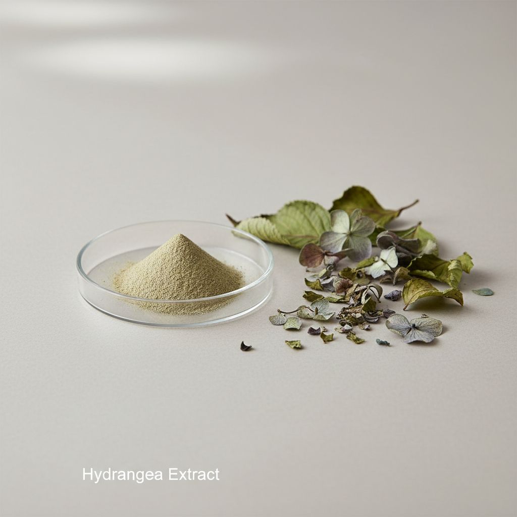 Illustrative studio sample of Hydrangea Extract beside Hydrangea spp. source material