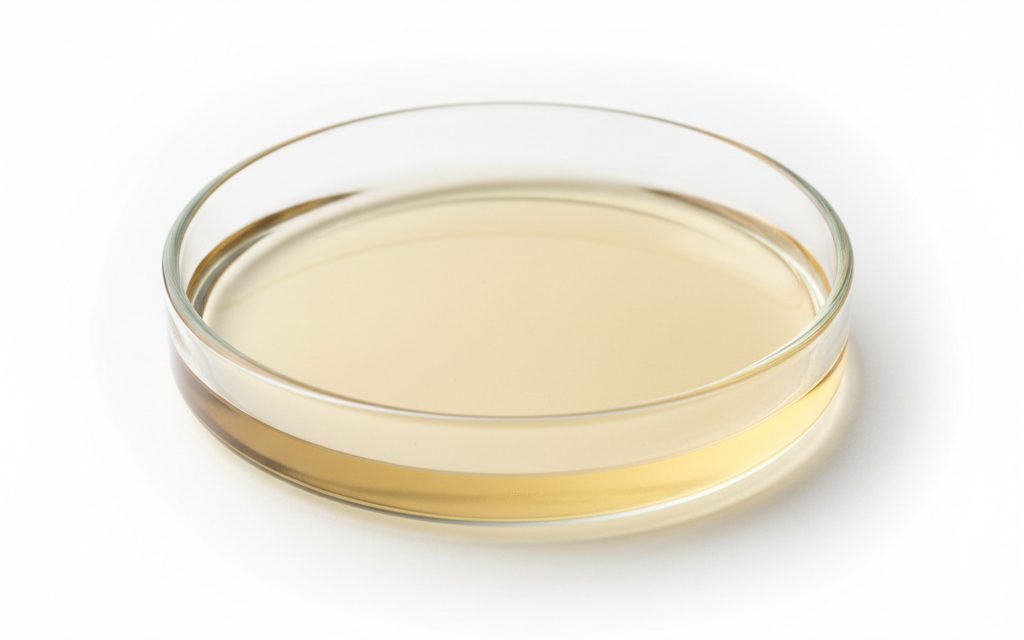 Grade confirmed at quotation — clear, pale golden to amber liquid with a smooth, low-viscosity oily texture and a characteristic faint petroleum odor, studio product photograph