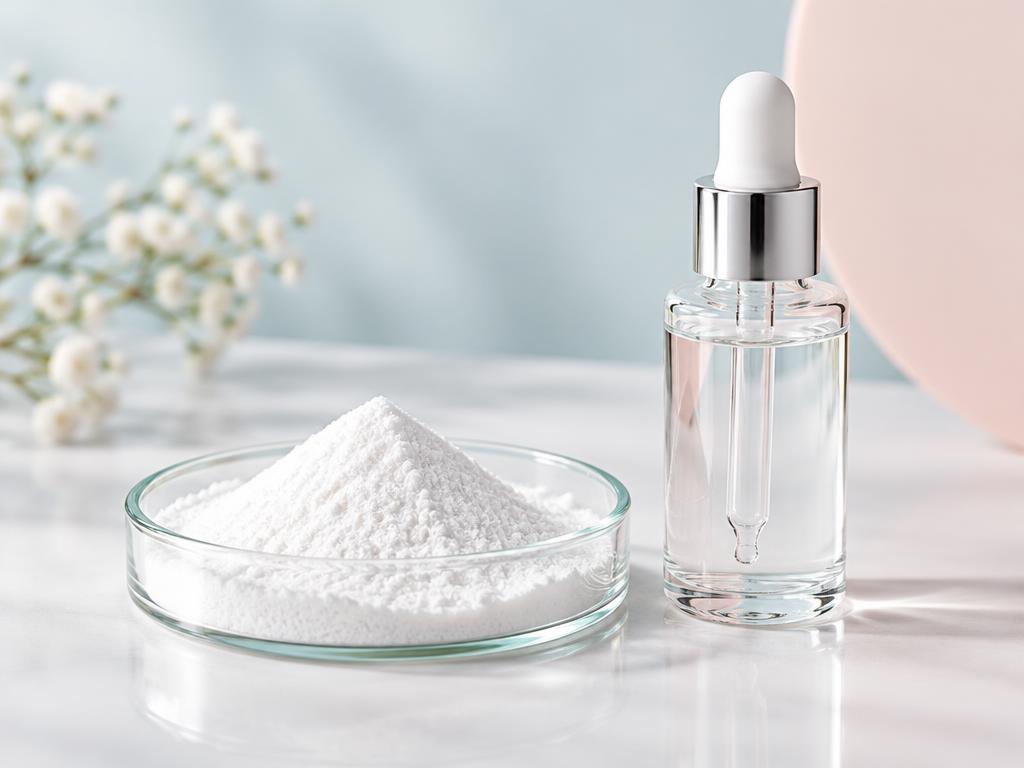 White powder beside a serum dropper bottle — generic product illustration
