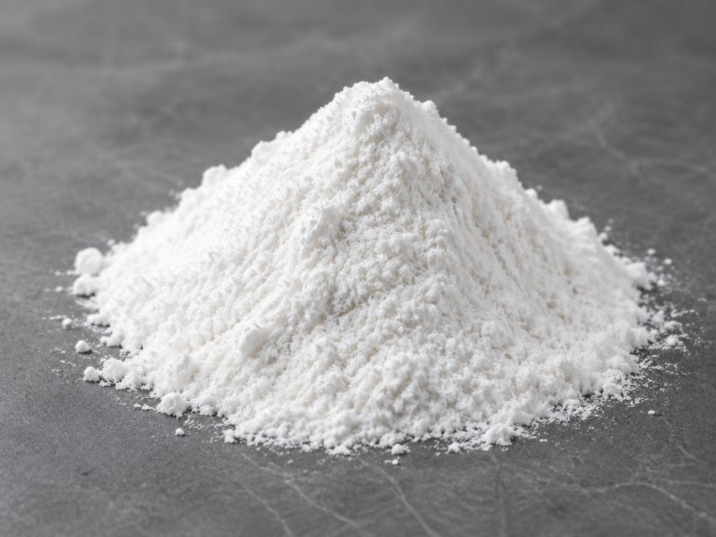 Hydroxypropyl Methylcellulose Stearoxy Ether — studio photograph of a white fibrous cellulose ether powder heaped on a matte grey surface