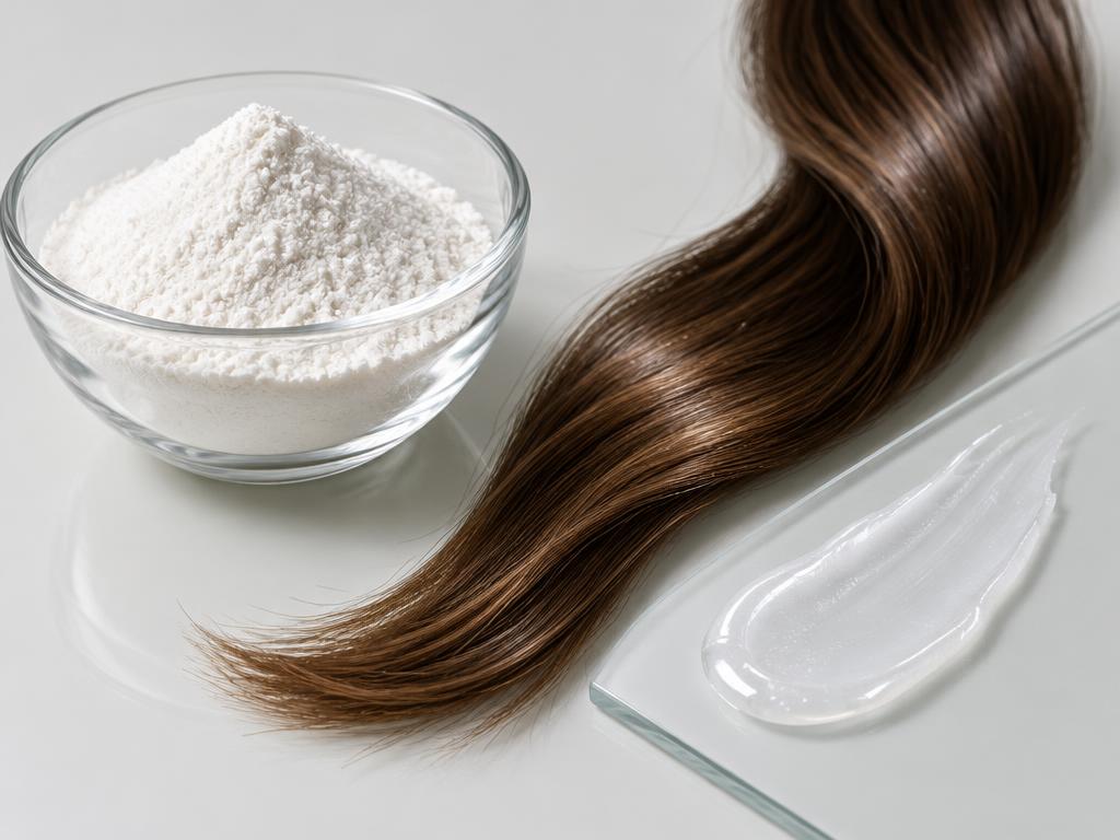 White powder beside a hair lock and conditioner — generic product illustration