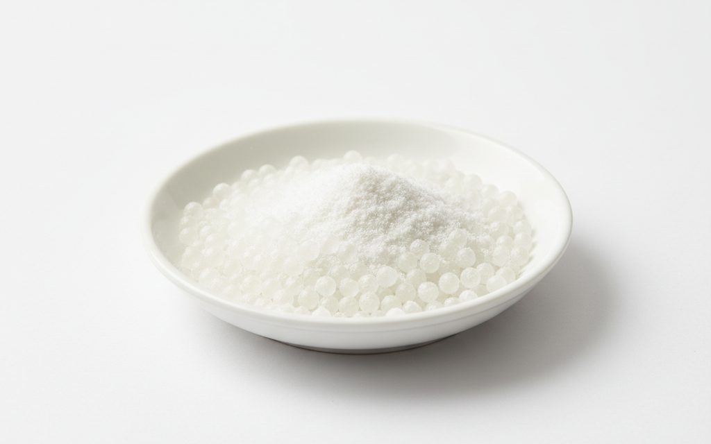 Grade confirmed at quotation — opaque white to translucent spherical pellets or fine powders with a slightly waxy surface and uniform particle size, studio product photograph