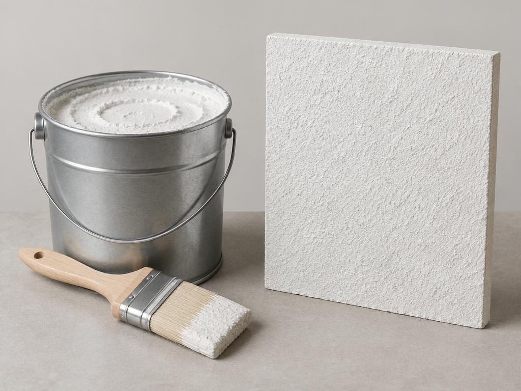 Pail of mineral coating with a coated wall panel — generic product illustration