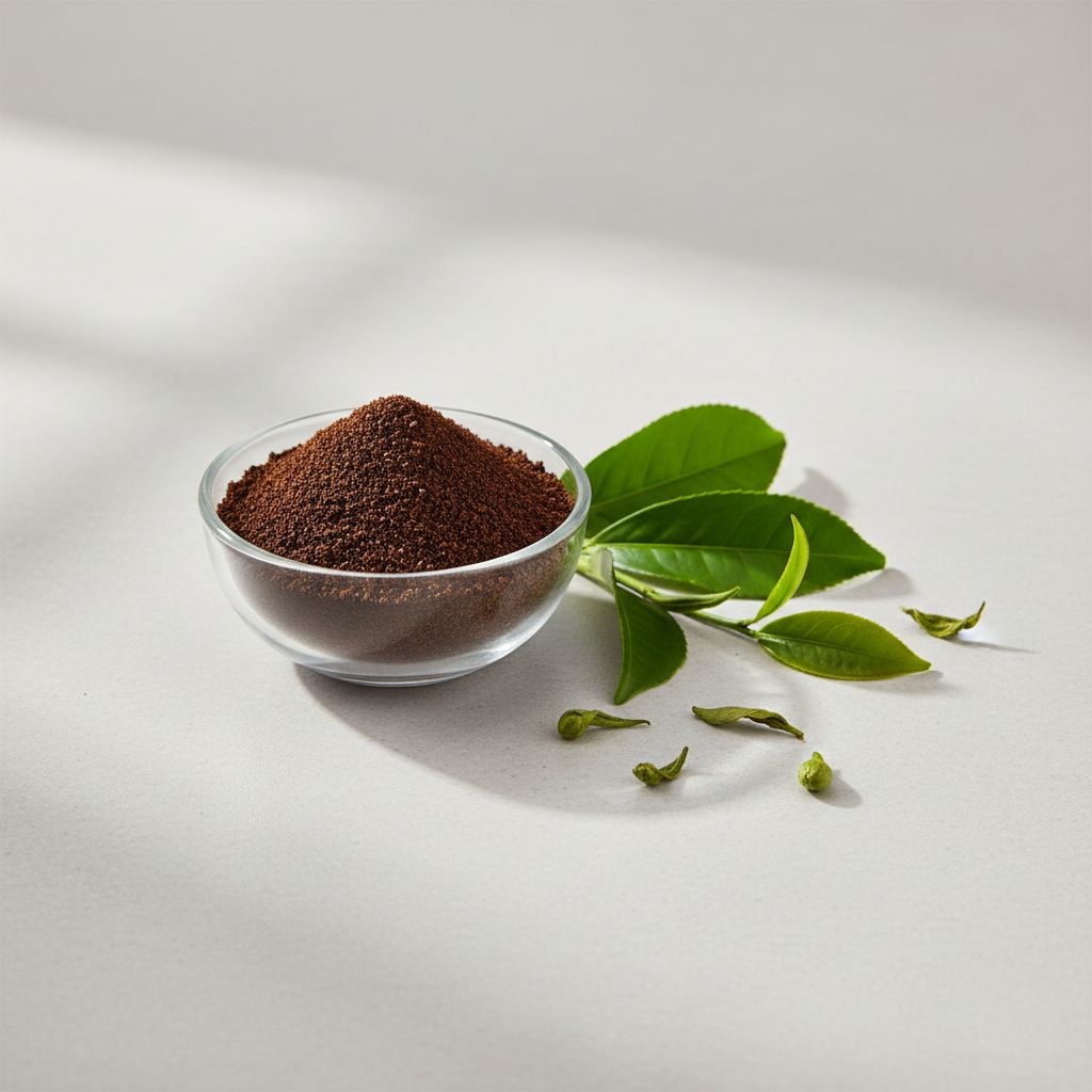 Illustrative studio sample of Instant Black Tea Powder beside Camellia sinensis source material