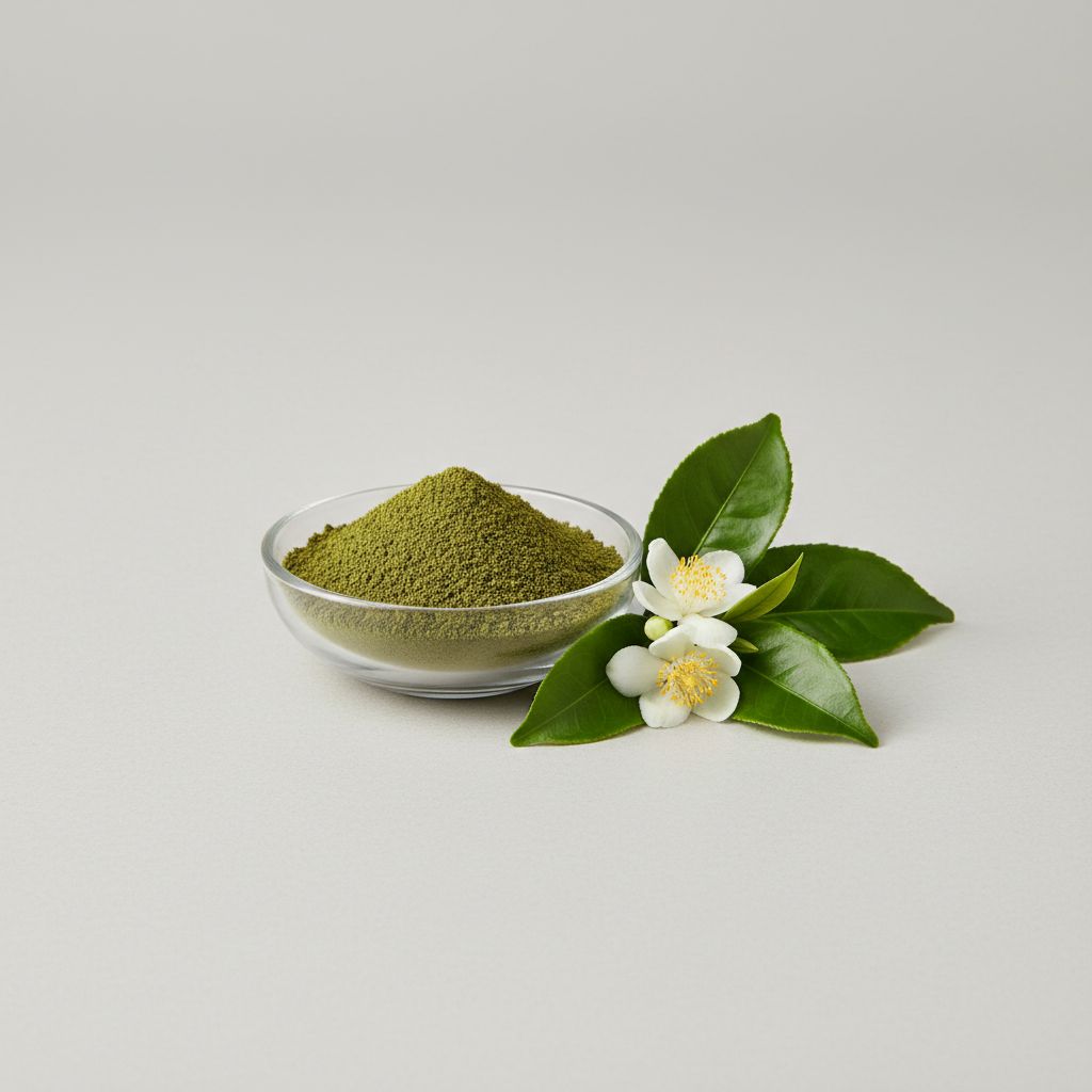 Illustrative studio sample of Instant Green Tea Powder beside Camellia sinensis source material