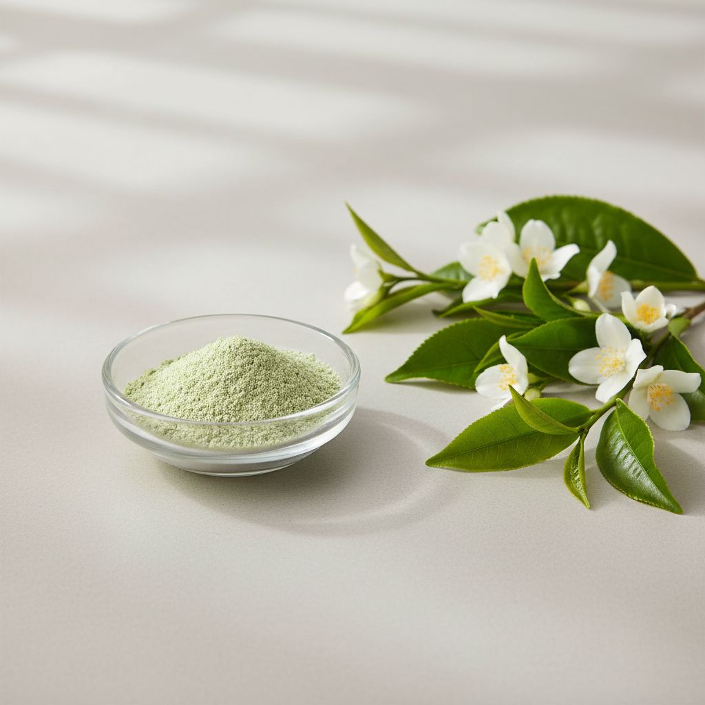 Illustrative studio sample of Instant Jasmine Tea Powder beside Camellia sinensis with jasmine source material