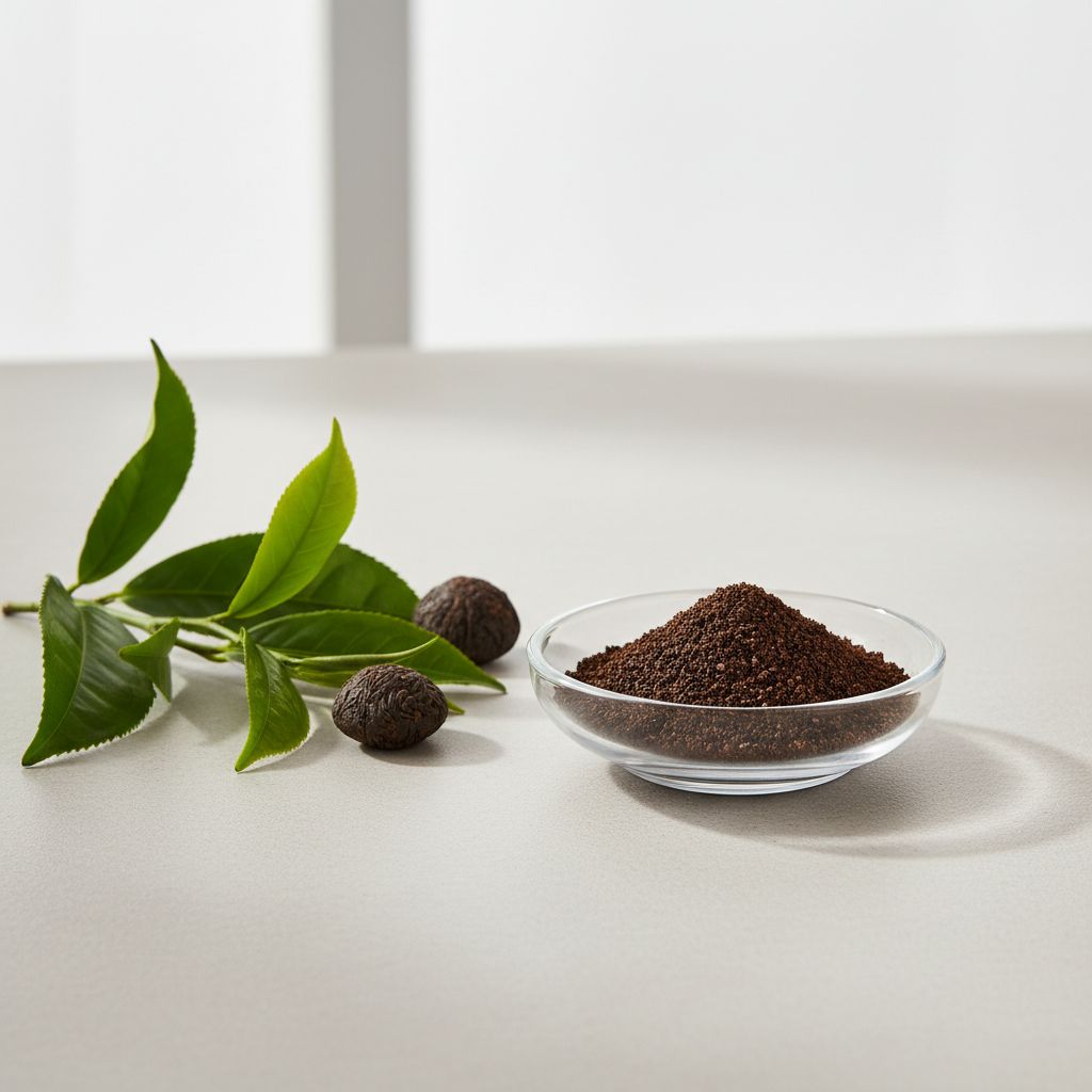 Illustrative studio sample of Instant Pu-erh Tea Powder beside Camellia sinensis source material