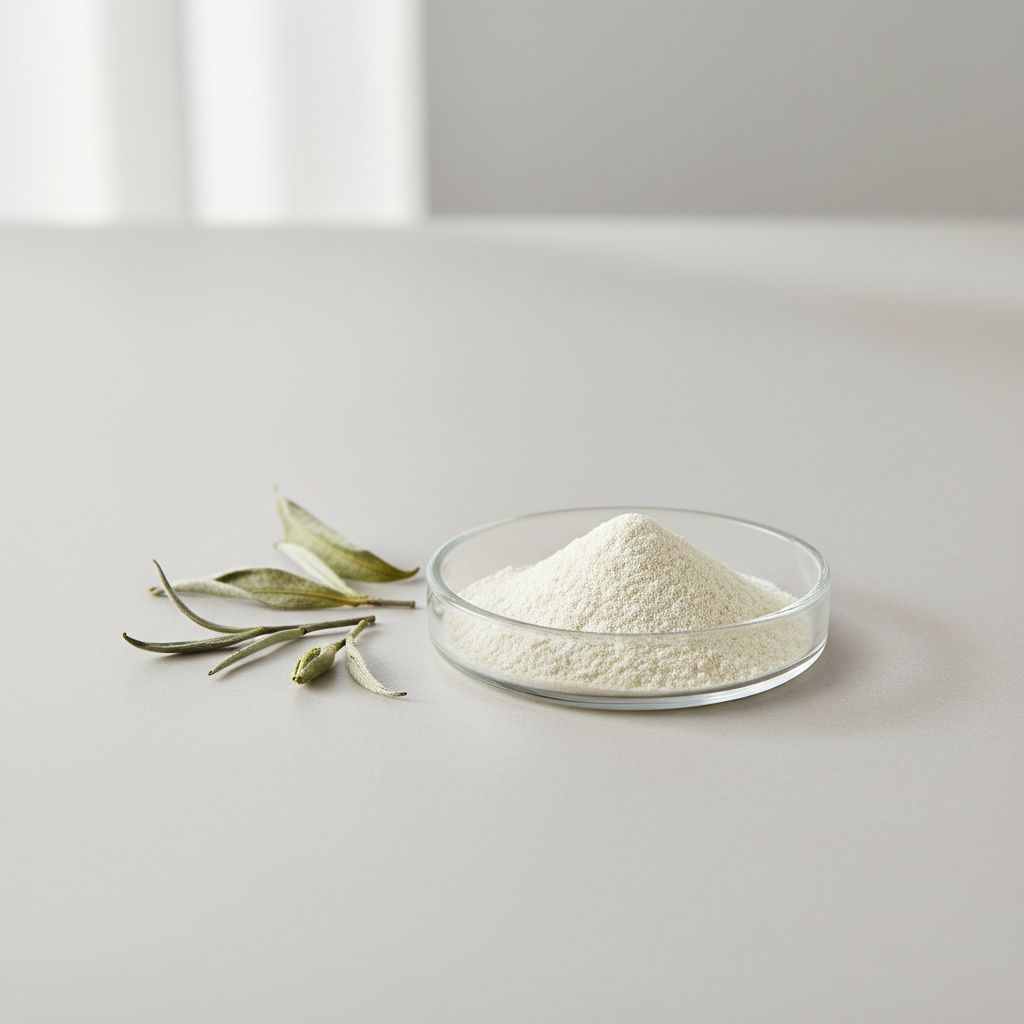 Illustrative studio sample of Instant White Tea Powder beside Camellia sinensis source material