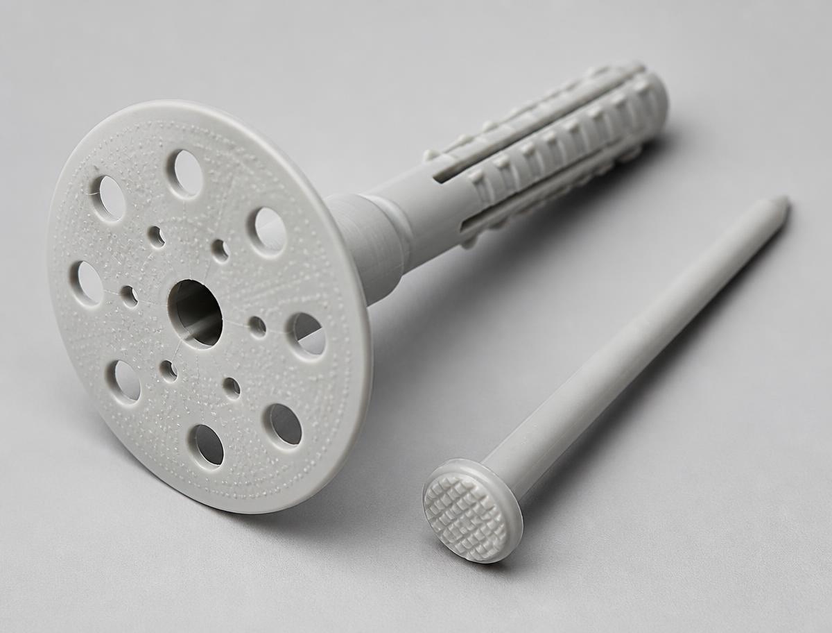 Single plastic insulation fastener showing the wide perforated washer plate and ribbed sleeve, with the drive pin removed alongside