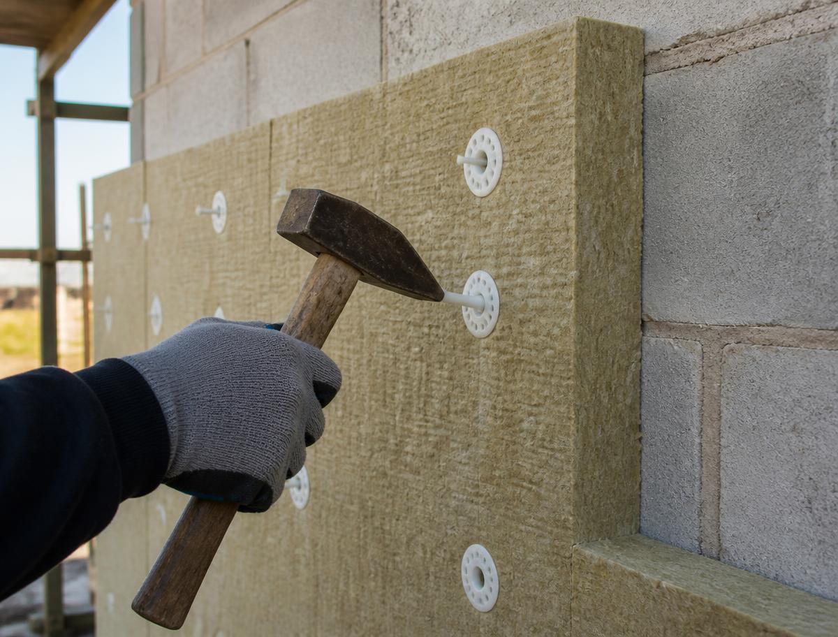 Gloved worker hammering a plastic insulation fastener through a mineral wool board into a block wall, with fasteners already set in a grid